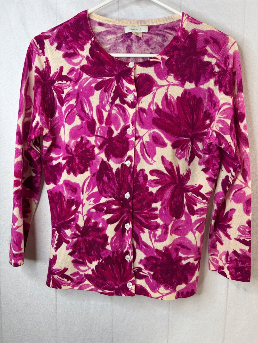 Garnet Hill 100% Merino Wool Floral Cardigan Pink Fuchsia S EUC